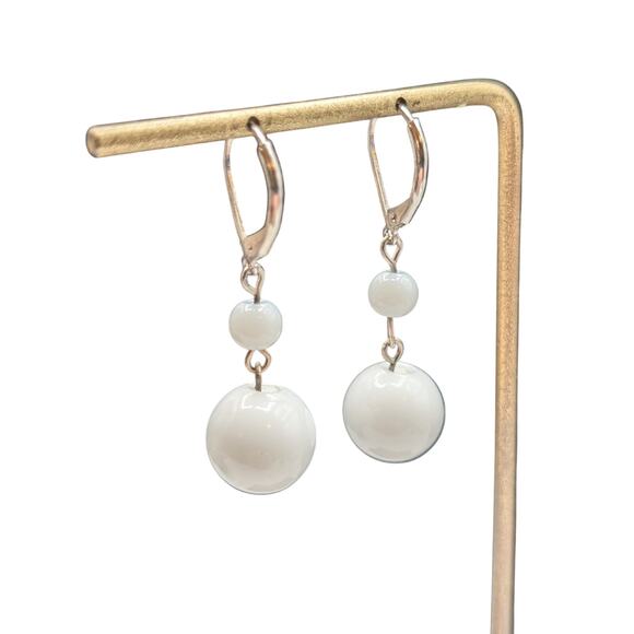 White Glass Silver Tone Lever Back Bauble Dangle Earrings - Picture 2 of 5